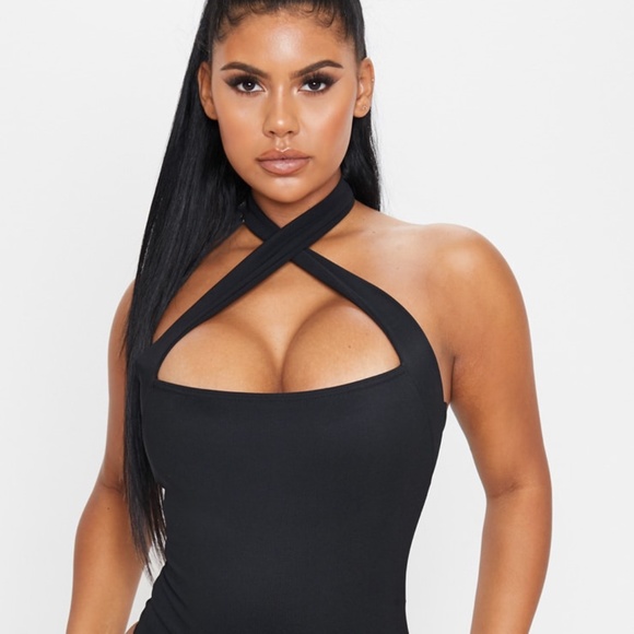 Black Textured Rib Halterneck Bodysuit - Picture 1 of 5